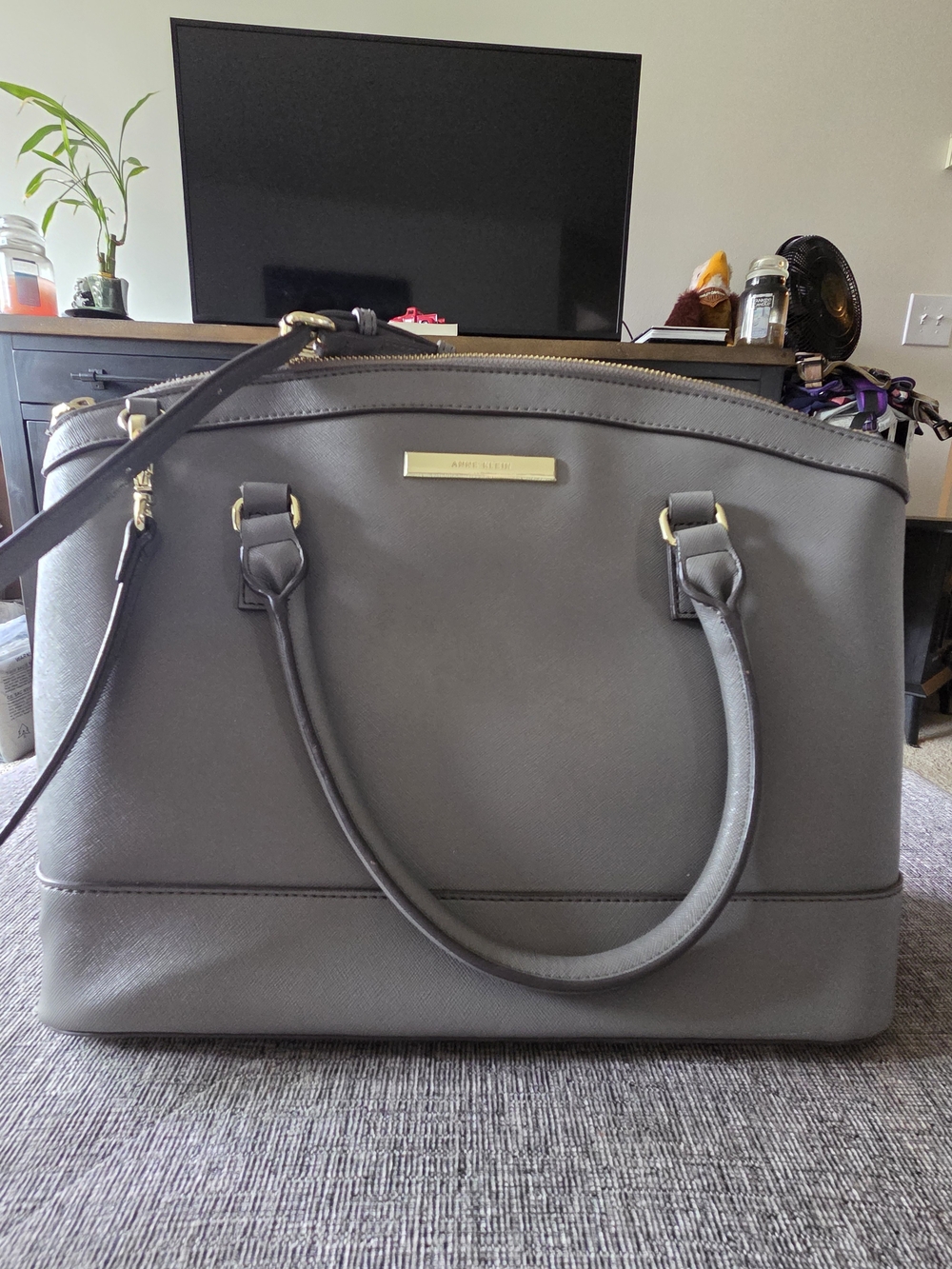 Anne Klein Gray Dome Satchel with Gold-Tone Hardware